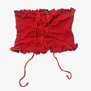Smocked / Ruched Lace-up Ruffle Tube Top in Red